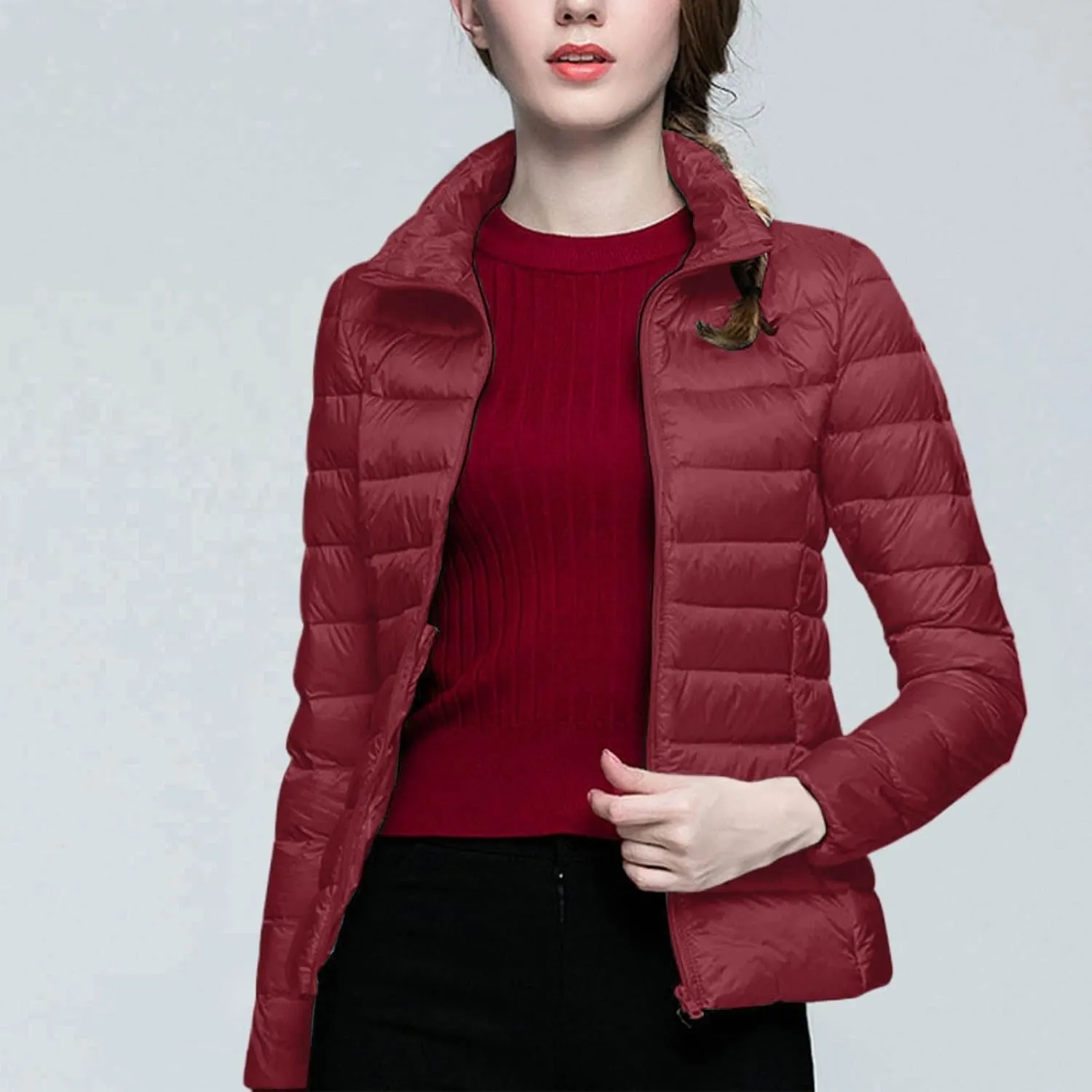 Yanzhenglip 2024 Womens Casual Lightweight Hooded Down Jacket Packable Solid Color Puffer Coats Jacket with Storage Bag