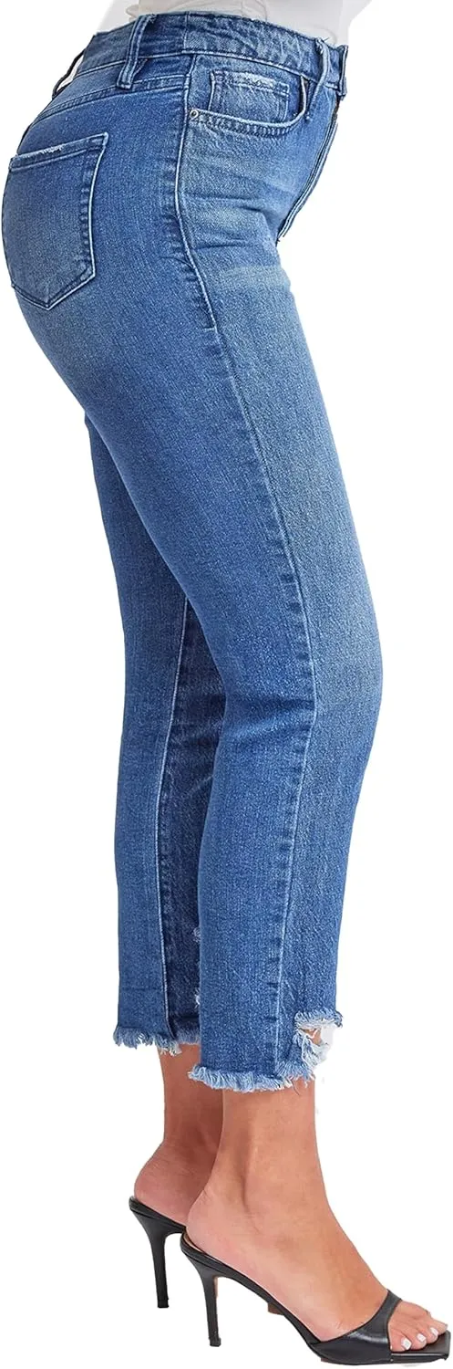YMI Women's Junior Hybrid Dream High-Rise Slim Straight Jean with Frayed Hem