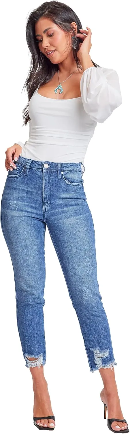 YMI Women's Junior Hybrid Dream High-Rise Slim Straight Jean with Frayed Hem