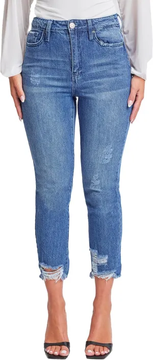 YMI Women's Junior Hybrid Dream High-Rise Slim Straight Jean with Frayed Hem