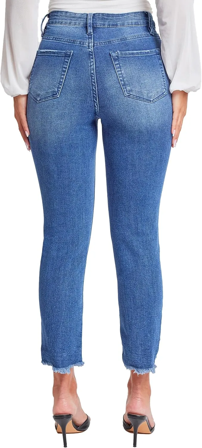 YMI Women's Junior Hybrid Dream High-Rise Slim Straight Jean with Frayed Hem