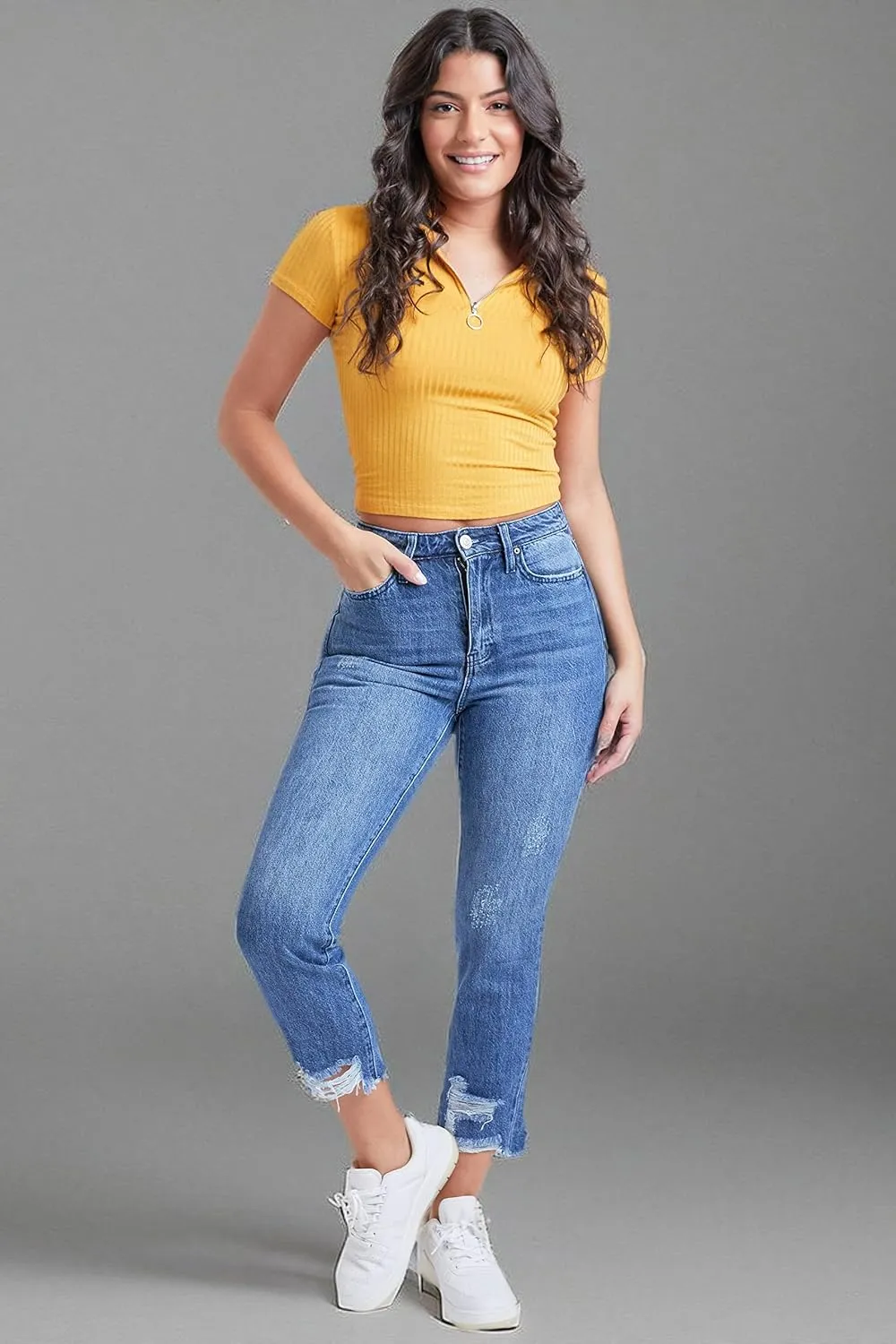 YMI Women's Junior Hybrid Dream High-Rise Slim Straight Jean with Frayed Hem