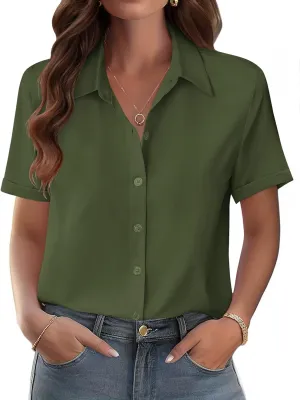 Zeagoo Womens Button Down Blouse Rolled Cuffed Short Sleeve Shirts Casual Work Blouse Summer Hawaiian Outfits