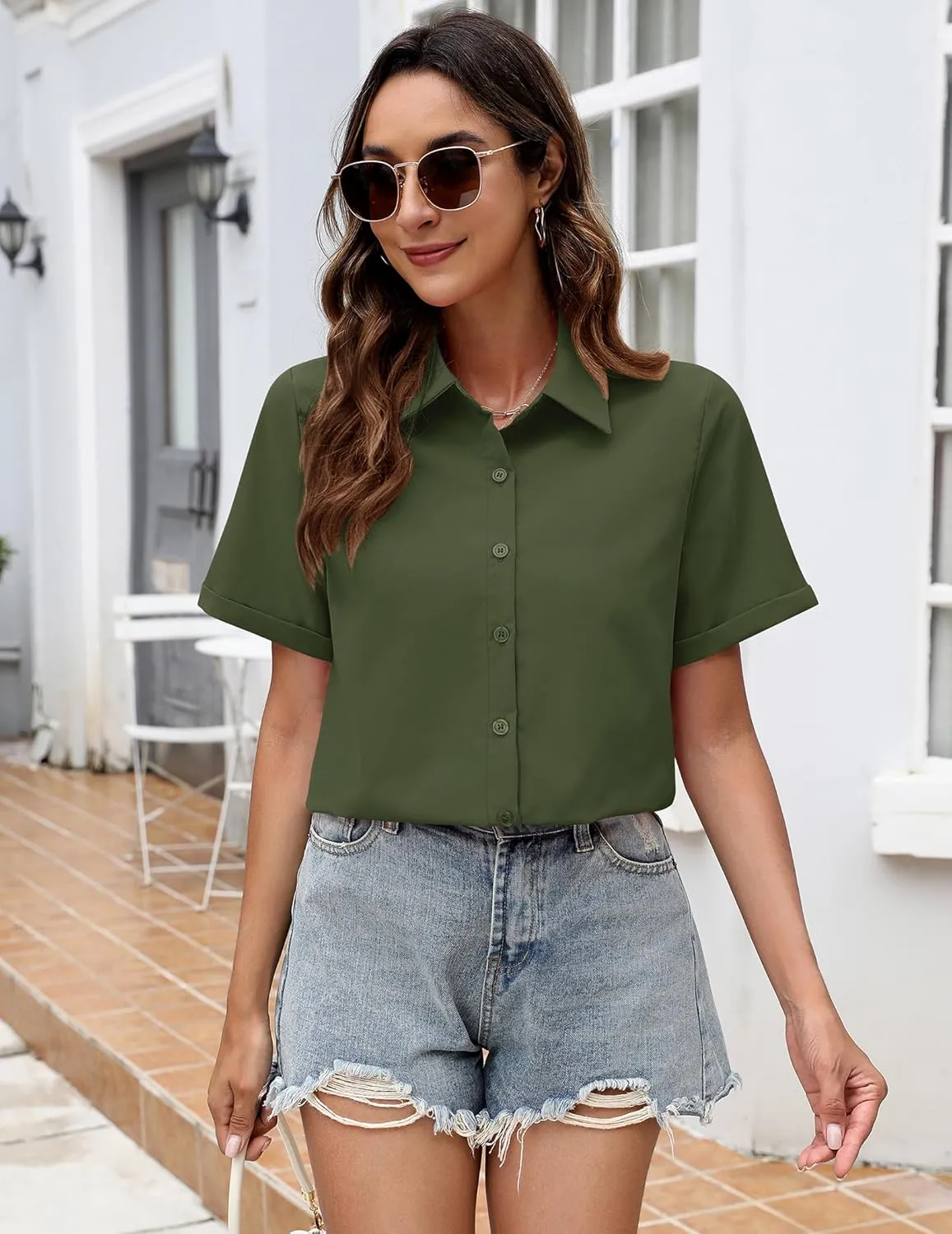Zeagoo Womens Button Down Blouse Rolled Cuffed Short Sleeve Shirts Casual Work Blouse Summer Hawaiian Outfits