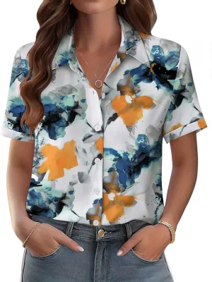 Zeagoo Womens Button Down Blouse Rolled Cuffed Short Sleeve Shirts Casual Work Blouse Summer Hawaiian Outfits