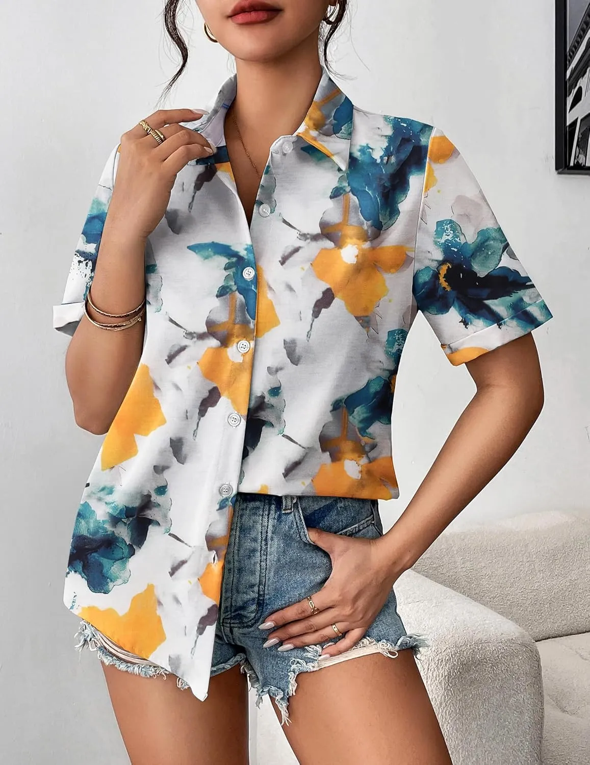 Zeagoo Womens Button Down Blouse Rolled Cuffed Short Sleeve Shirts Casual Work Blouse Summer Hawaiian Outfits
