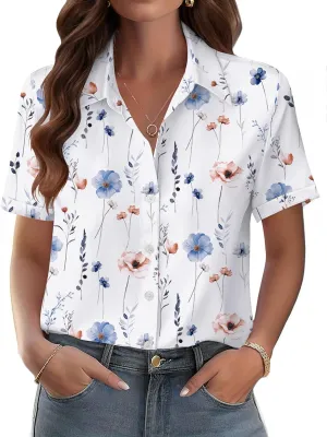 Zeagoo Womens Button Down Blouse Rolled Cuffed Short Sleeve Shirts Casual Work Blouse Summer Hawaiian Outfits