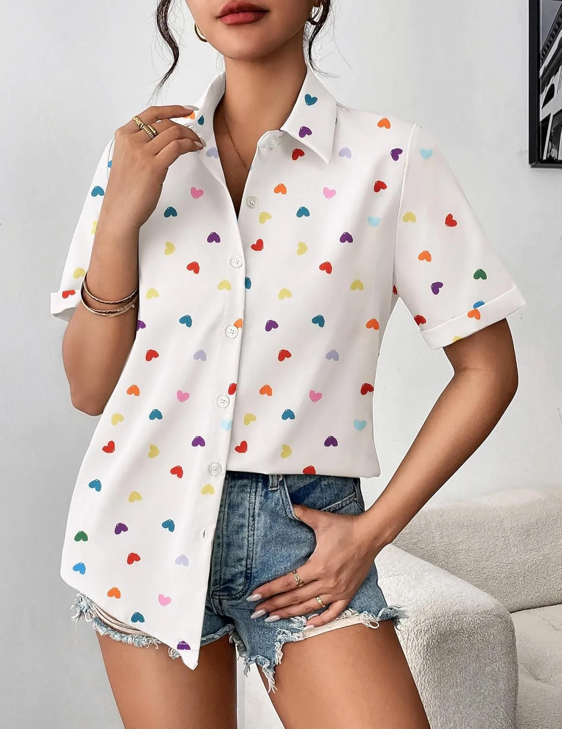 Zeagoo Womens Button Down Blouse Rolled Cuffed Short Sleeve Shirts Casual Work Blouse Summer Hawaiian Outfits