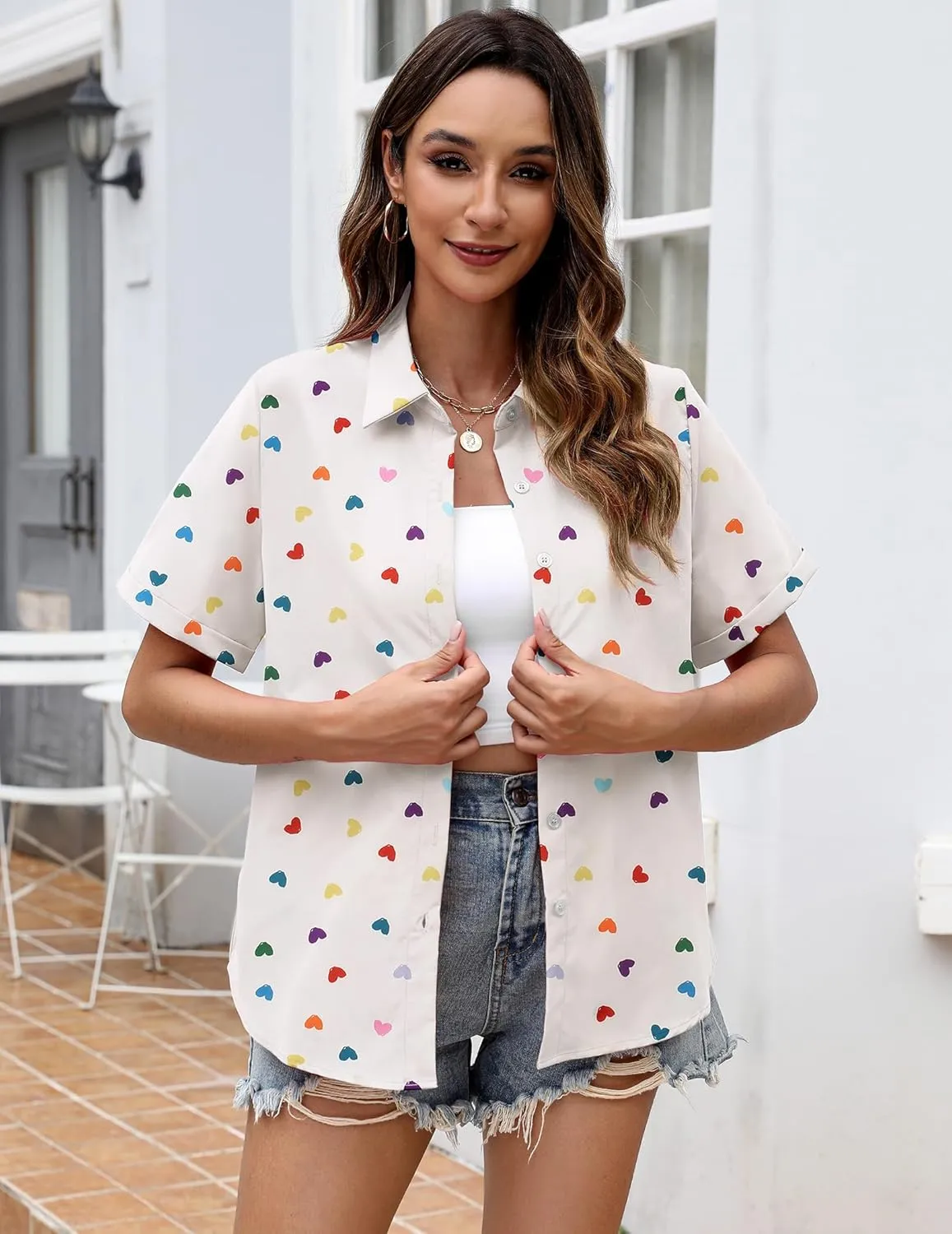 Zeagoo Womens Button Down Blouse Rolled Cuffed Short Sleeve Shirts Casual Work Blouse Summer Hawaiian Outfits