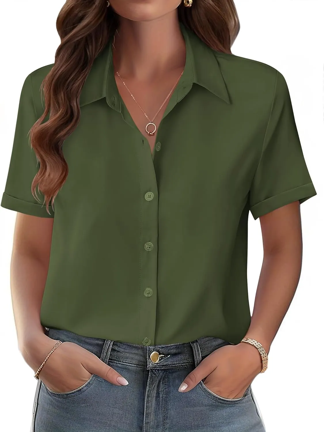 Zeagoo Womens Button Down Blouse Rolled Cuffed Short Sleeve Shirts Casual Work Blouse Summer Hawaiian Outfits