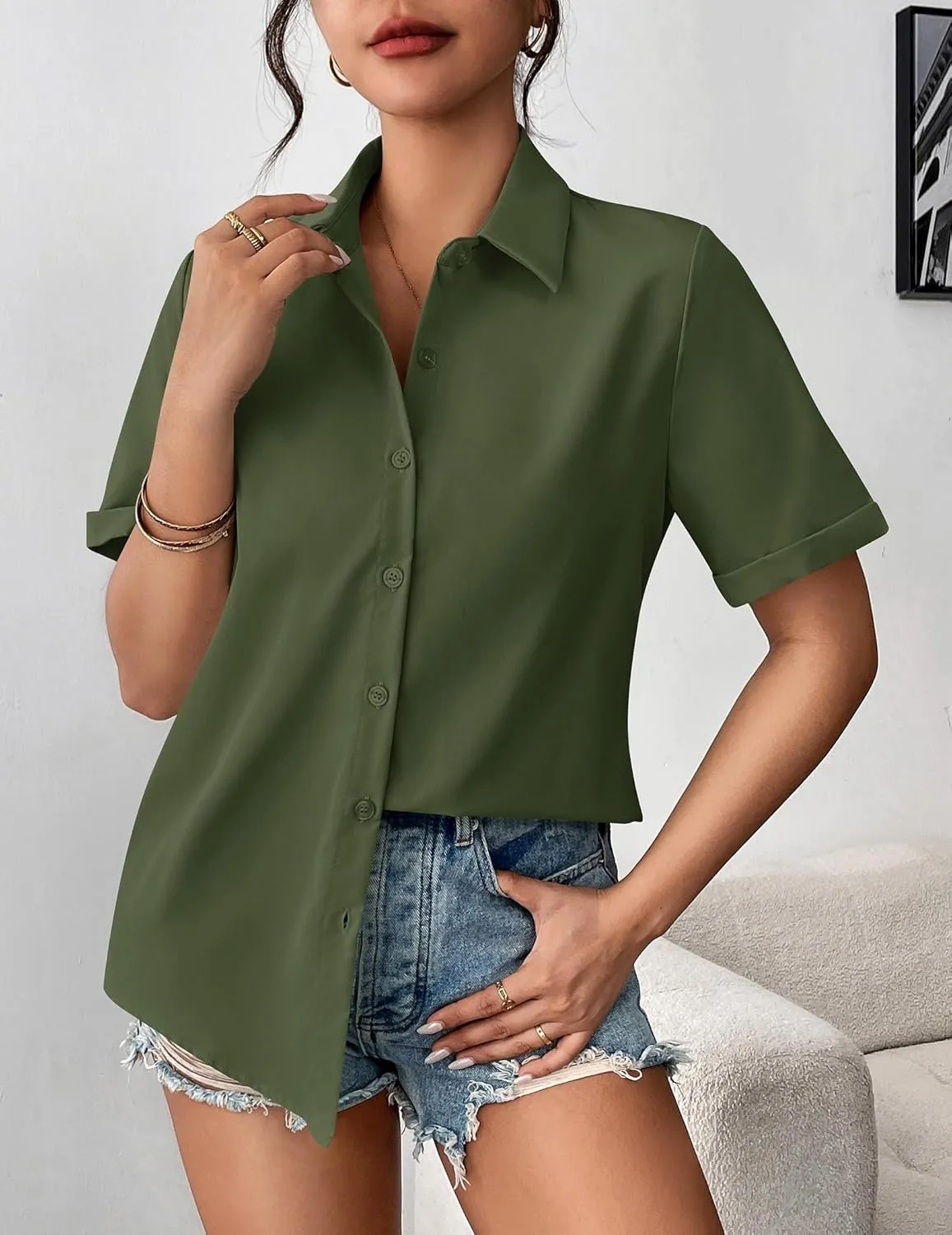 Zeagoo Womens Button Down Blouse Rolled Cuffed Short Sleeve Shirts Casual Work Blouse Summer Hawaiian Outfits
