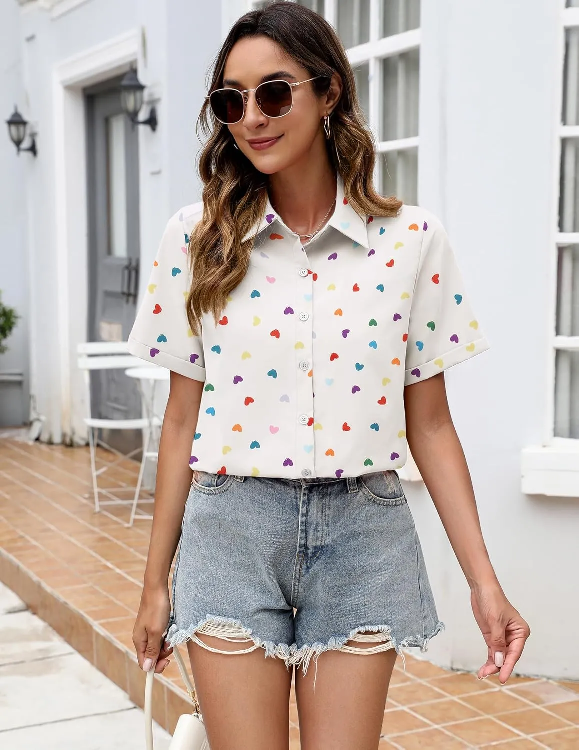 Zeagoo Womens Button Down Blouse Rolled Cuffed Short Sleeve Shirts Casual Work Blouse Summer Hawaiian Outfits