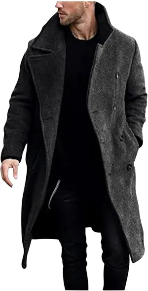Zeiyignr Mens Trench Coat Notched Lapel Collar Double Breasted Wool Blend Pea Coat Casual Slim Fit Mid Long Overcoat Jacket