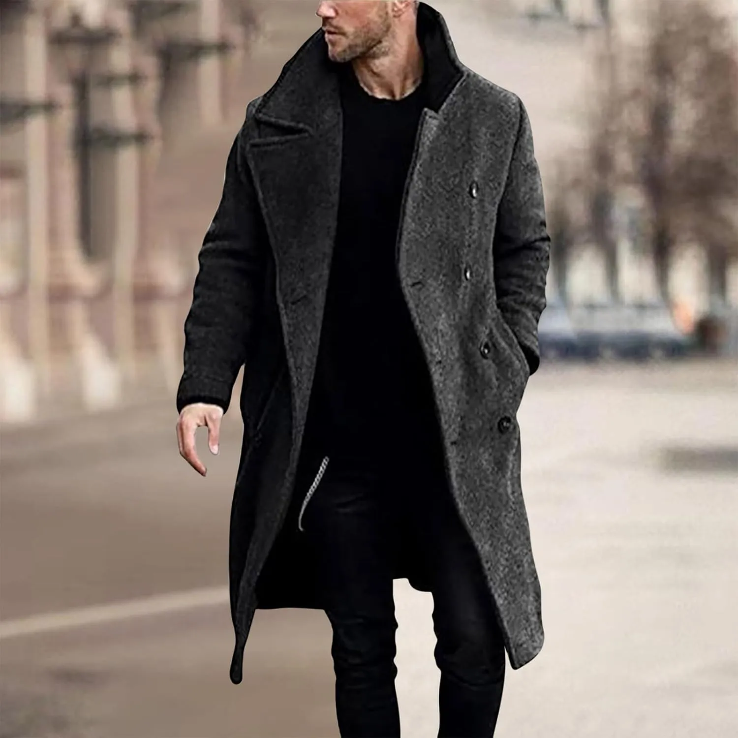 Zeiyignr Mens Trench Coat Notched Lapel Collar Double Breasted Wool Blend Pea Coat Casual Slim Fit Mid Long Overcoat Jacket