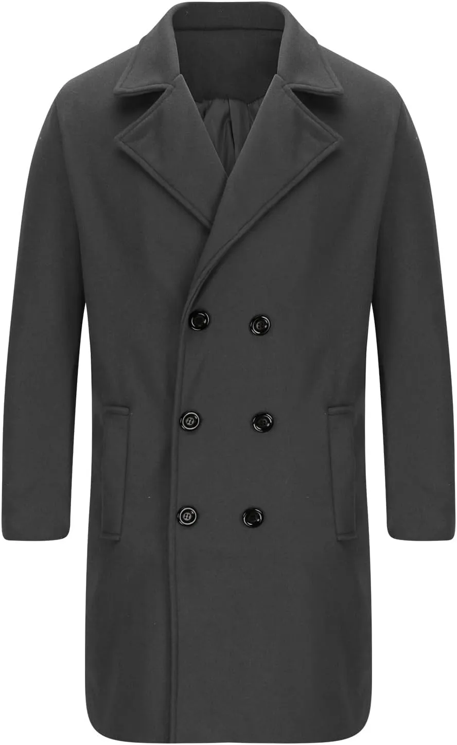 Zeiyignr Mens Trench Coat Notched Lapel Collar Double Breasted Wool Blend Pea Coat Casual Slim Fit Mid Long Overcoat Jacket